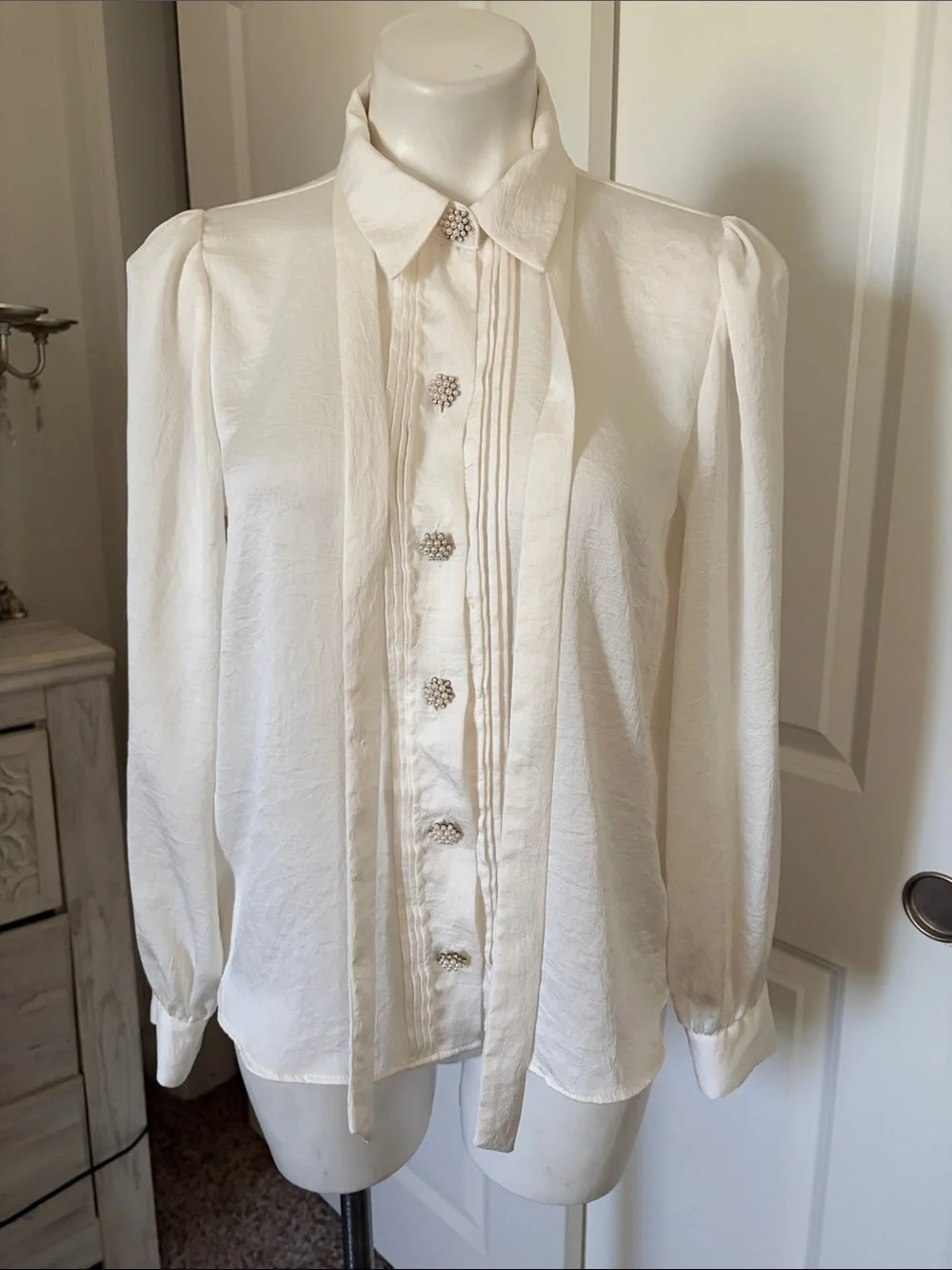 Zara Cream Long-Sleeve Blouse with Embellished Buttons